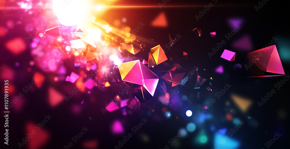 Poster colorful geometric shapes create a vibrant visual display in a dark background with bright light bea