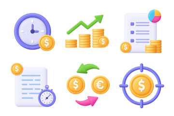 Watch, coin, coin stack, file, diagram, graph. Finance 3d vector icon set. Cartoon minimal style.