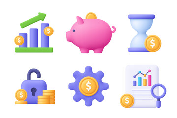 Graph, piggy bank, hourglass, lock, gear, file, coin. Finance 3d vector icon set. Cartoon minimal style.