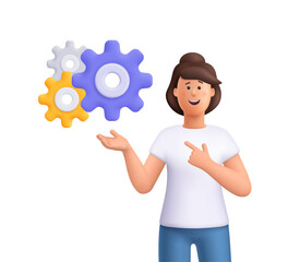Smiling woman Jane pointing to configuration setting gears or cogwheels. Strategic thinking, system processes, problem solution concept. 3d vector people character. Cartoon minimal style.