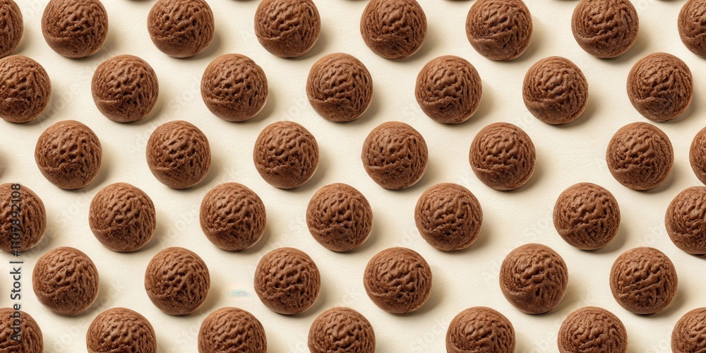 Poster a seamless pattern of perfectly round chocolate ice cream scoops on a light beige background