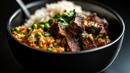 Fototapeta premium Close-up of a black bowl filled with a dish. the dish appears to be a type of indian curry, with chunks of meat and vegetables mixed in with rice.