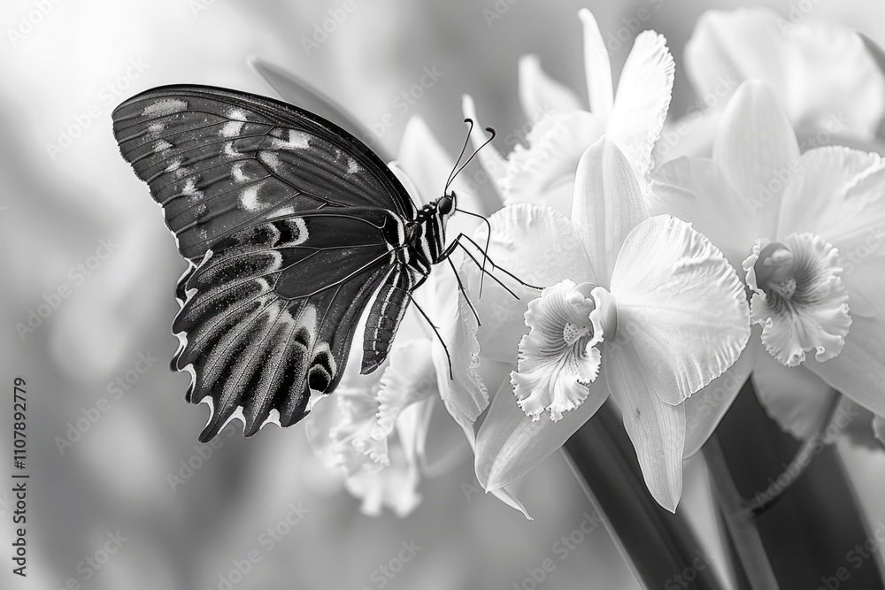 Poster a close-up shot of a butterfly perched on a flower, highlighting its delicate features