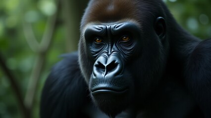 Obraz premium A close-up of a gorilla’s face, with piercing eyes and strong jawline. The muscular body fades into the background, highlighting its powerful presence and soulful expression.