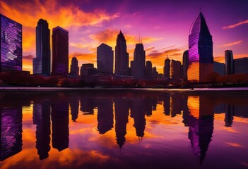 Fototapeta premium vibrant city skylines sunset reflected shimmering capturing beauty urban architecture natural horizons, water, reflection, landscape, buildings, lights