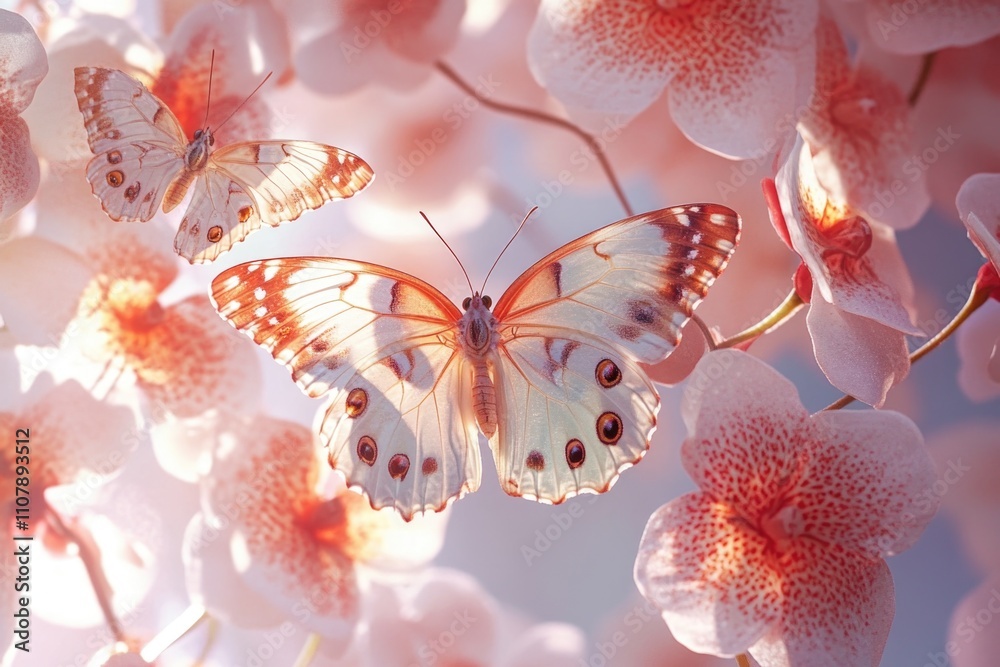 Poster close-up view of a colorful butterfly sitting on a flower, with intricate details and textures