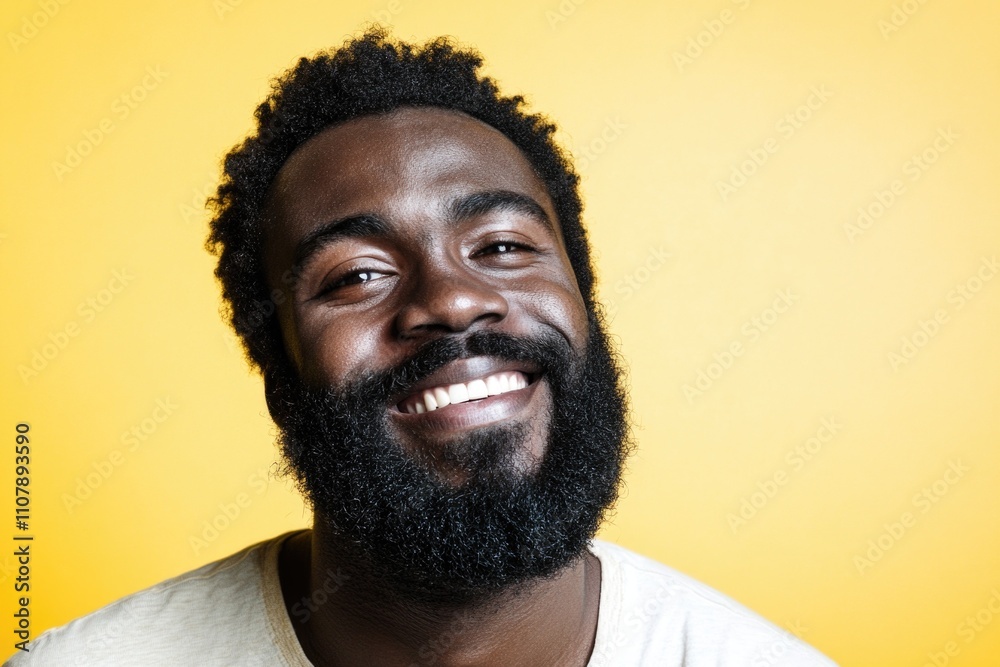 Poster a man with a beard smiles directly at the camera, looking friendly and approachable
