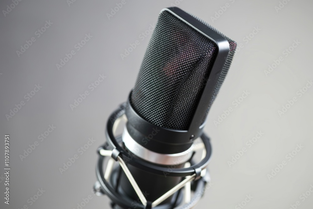 Poster a close-up shot of a microphone on its stand, ready for use
