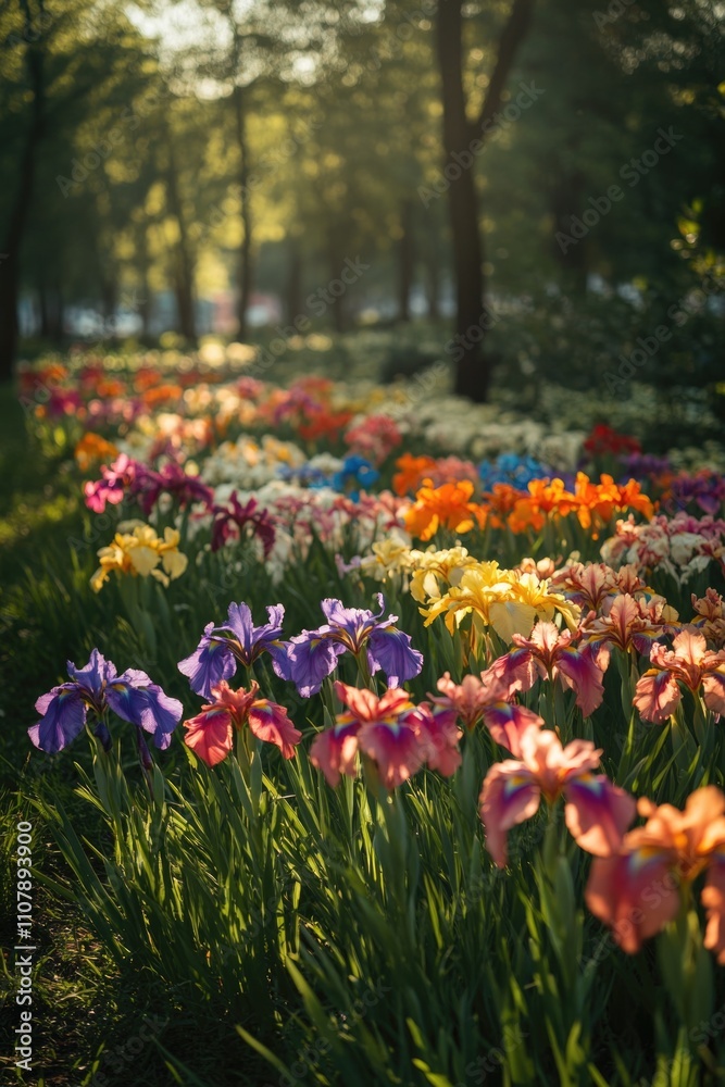 Poster a serene scene featuring a vibrant field of flowers set against a backdrop of towering trees