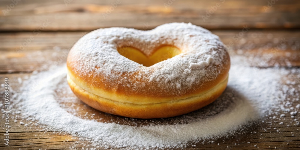 Poster a heart-shaped hole in a powdered donut sits on a wooden surface with a sprinkle of powdered sugar.