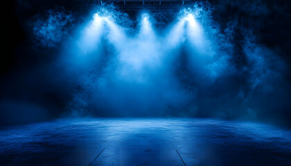 Obraz premium The dark stage shows, dark blue background, an empty dark scene, neon light, spotlights The asphalt floor and studio room with smoke float up the interior