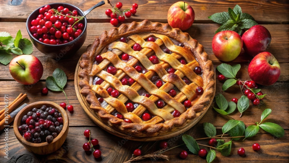 Poster a rustic cherry pie with a latticed crust, surrounded by fresh apples, berries, and greenery on a wo