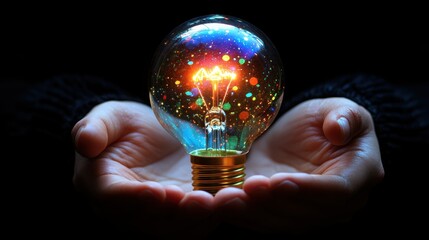 man hand holding lightbulb with learning educate which for mind creative idea innovation motivation planning development leadership and customer target group concept