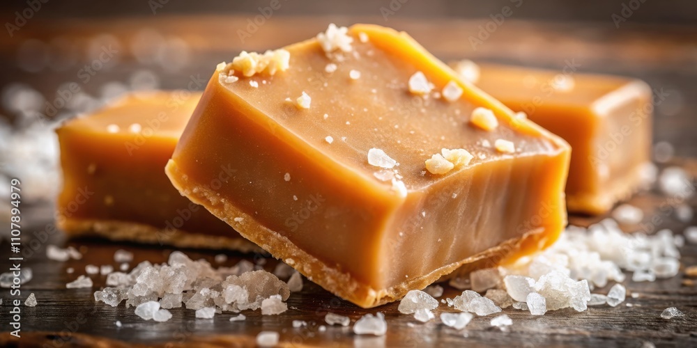 Poster a close-up view of golden caramel squares dusted with white sea salt, resting on a rustic wooden sur