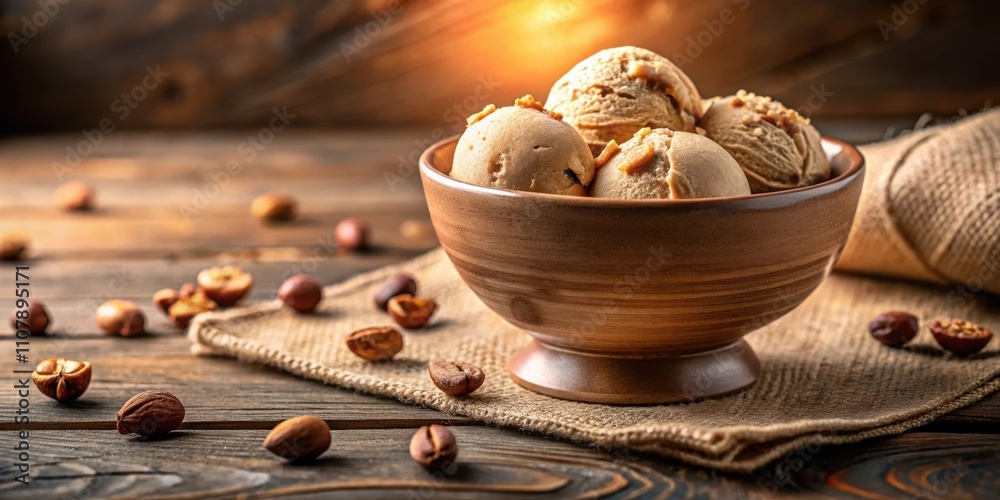 Poster creamy nutty ice cream served in a rustic bowl on a wooden table with hazelnuts and coffee beans