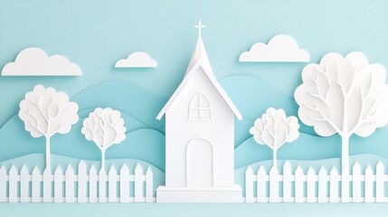 A serene paper art scene featuring a white church, trees, clouds, and a fence set against a light blue background.