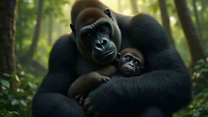 Obraz premium A mother gorilla tenderly cradles her baby in a jungle setting. Their bond is evident as they share a moment of closeness, highlighted by warm sunlight and lush greenery around them.
