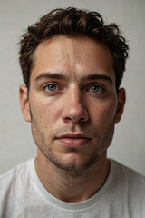 Obraz premium Close-up portrait of a young person with a calm expression, wearing a simple white shirt. A minimalist and serene image, perfect for beauty, fashion, and portrait photography projects.