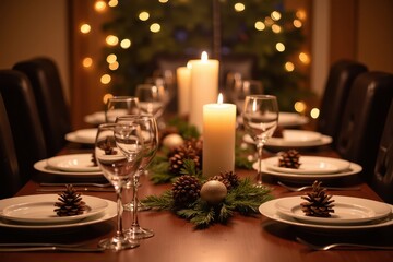 Fototapeta premium Elegant Festive Table Setting for a Cozy Holiday Dinner with Candles on the Table, Christmas Decorations, and a Warm Ambiance