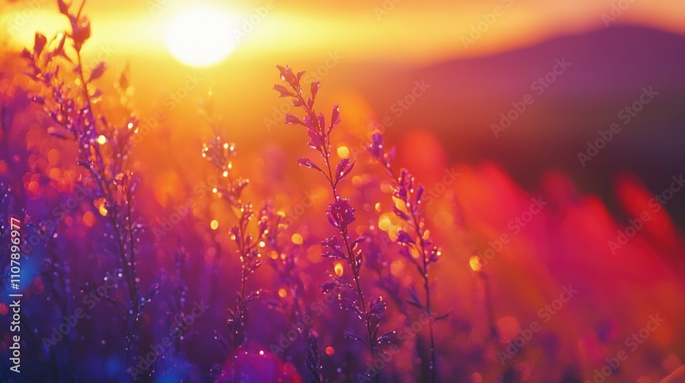 Poster A serene landscape with the sun setting behind a field of grass, suitable for use in scenes about nature, relaxation, or calm moments
