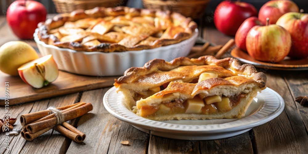Poster a slice of homemade apple pie with golden crust and cinnamon sticks on rustic wooden table