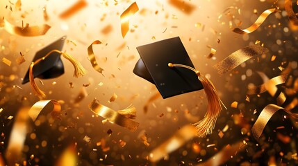 Graduation caps are thrown into the air, surrounded by gold ribbons and confetti, perfect for celebrating academic achievements, creating a sense of joy and pride at this important moment in life.
