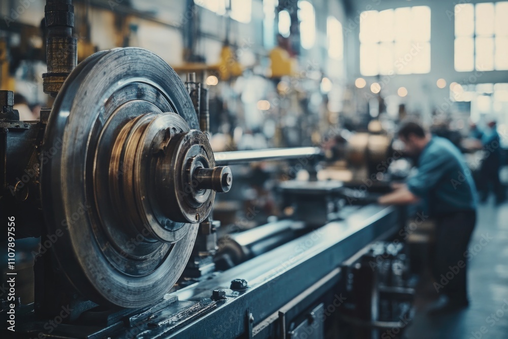 Poster A person working on a machine in a factory environment, possibly a manufacturing or assembly process
