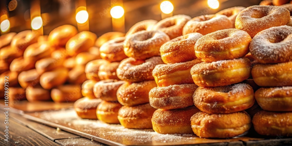 Poster a pyramid of golden glazed donuts sprinkled with powdered sugar, illuminated by warm lights, creatin