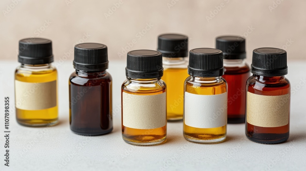Poster essential oils collection in small glass bottles with blank labels for skincare presentation