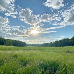 Obraz premium A peaceful meadow, bright green grass beneath a flawless sky with gentle clouds overhead, sun shining faintly 