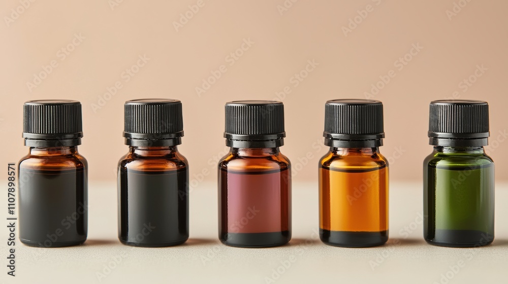 Poster five small essential oil bottles with black caps displaying different colors on neutral background