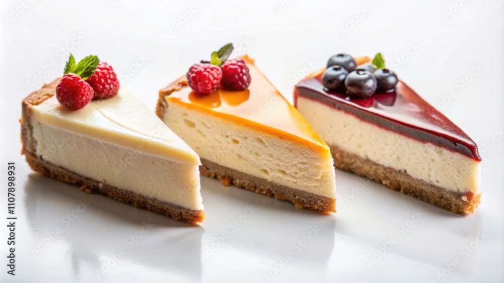 Poster three slices of cheesecake with various toppings, showcasing a delectable dessert option for any occ