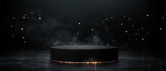 Black circular object in the center of a dark room. the object appears to be a stage or a podium, with a shiny surface and a golden light shining on it.
