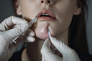 A patient having her lips examined by a doctor in a medical setting