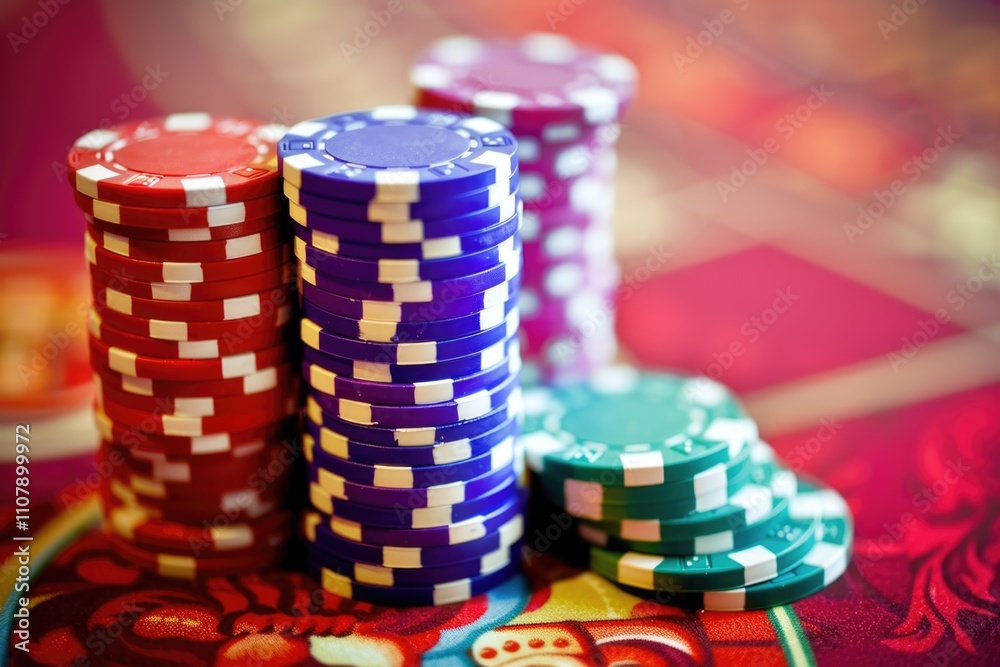 Poster a collection of poker chips stacked on a table, ready for play or game