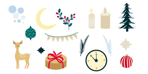 Christmas Clipart, Candles, Gift Box, Deer, Christmas tree, Christmas Ball Toys, Clock, Berry