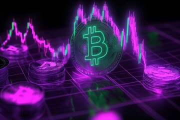  Cryptocurrency price chart, purple-green neon color, dark background 