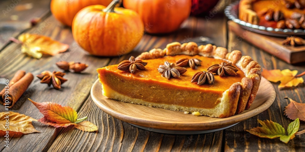 Poster a slice of pumpkin pie with a flaky crust and garnished with star anise, surrounded by pumpkins and 