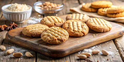 A close-up of freshly baked almond cookies on a wooden cutting board, dusted with powdered sugar and surrounded by almonds and star anise