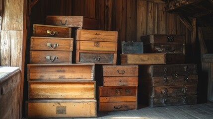 Stacked Vintage Wooden Storage Boxes In An Attic