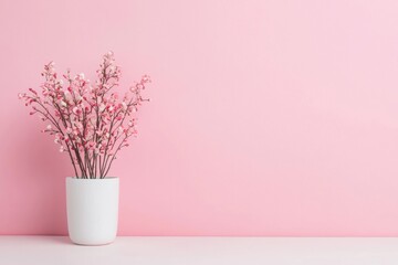 Pink flowers in white vase on pink background creating calming minimalist scene