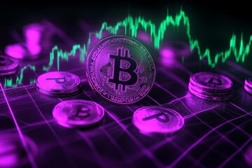  Cryptocurrency price chart, purple-green neon color, dark background 