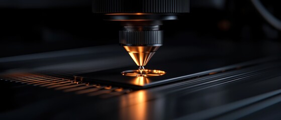 Close-up of a cnc (computer numerical control) machine cutting a piece of metal. the machine is black in color and has a cylindrical shape with a nozzle at the top.