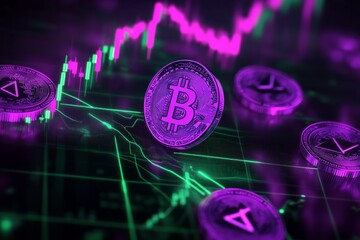  Cryptocurrency price chart, purple-green neon color, dark background 