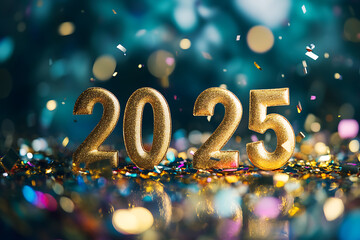 A festive holiday-themed background with glittering confetti, gold sparkles, and luxurious '2025' gold foil text. Ideal for celebrations and events