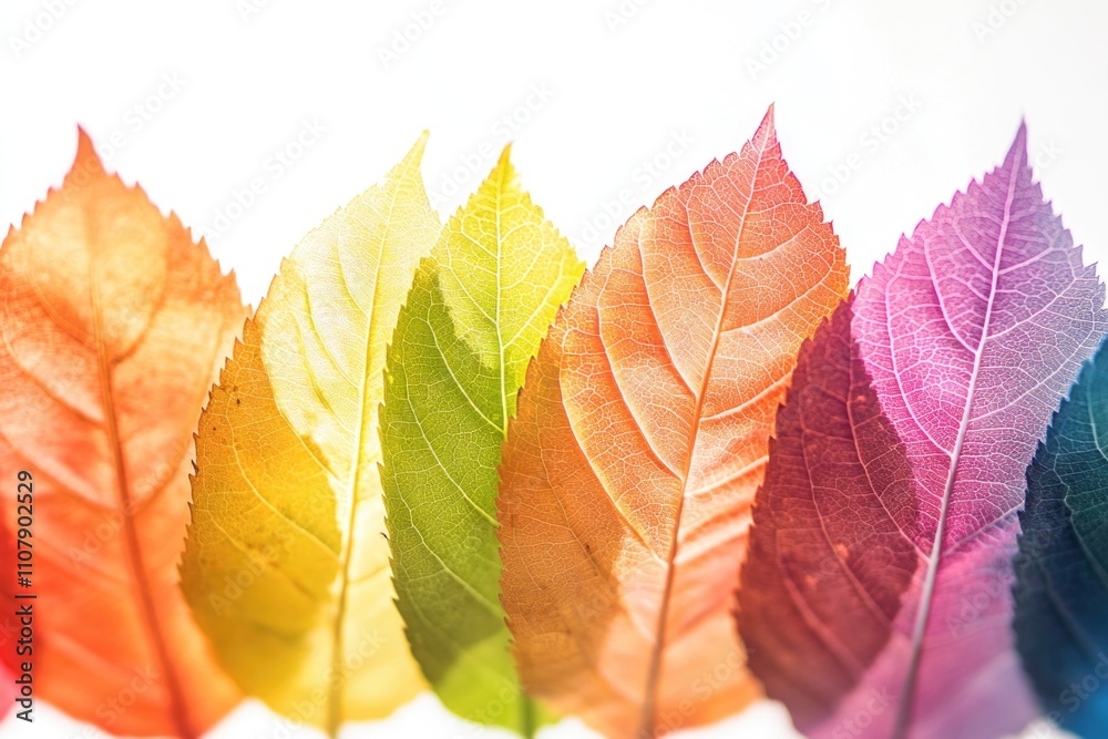 Poster a row of colorful leaves arranged neatly on a white surface, perfect for design or decoration