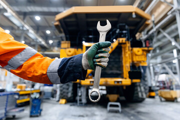 Maintenance fix service of industry truck, repair mining dump car in garage © Parilov