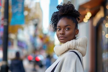 A woman stands on a city street wearing a scarf around her neck, likely to protect herself from the cold