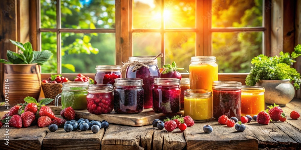 Poster Assortment of Homemade Jams and Jellies on a Rustic Wooden Table With Fresh Berries and a Window View