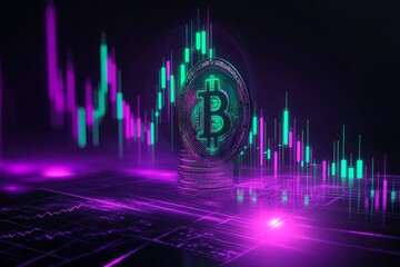  Cryptocurrency price chart, purple-green neon color, dark background 